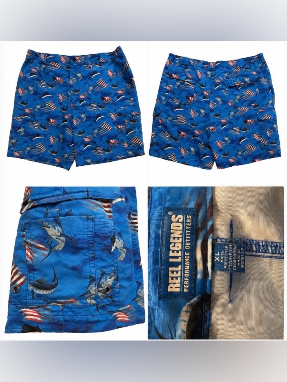 Reel Legends Men’s Blue Marlin & American Flag Fishing Trunks/cargo Shorts